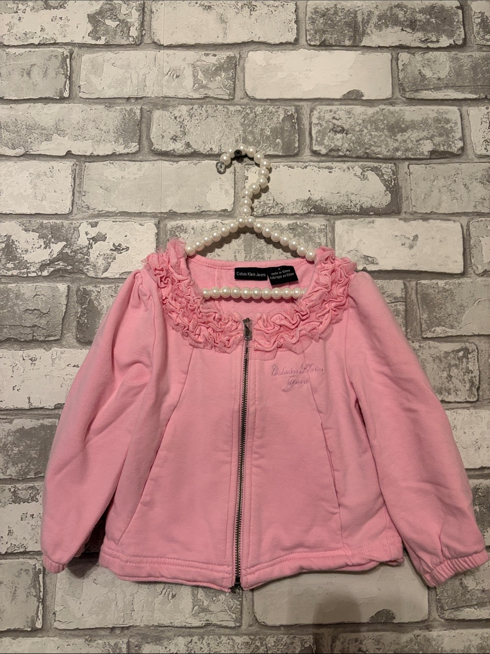 Calvin Klein Jeans Girls' Pink Ruffle Collar Zip-Up Top
